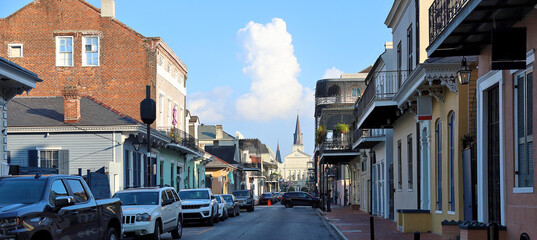 New Orleans French Quarter: Orleans Street looking towards the St. Louis Cathedral in the early afternoon.
