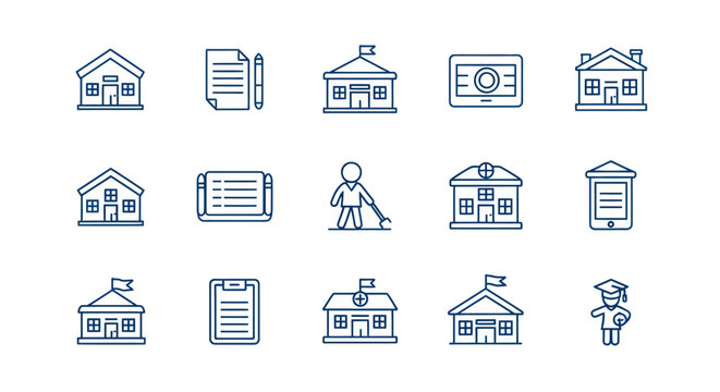 Educational icons school buildings and devices