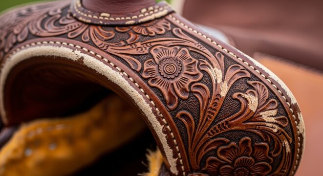 Intricately designed leather horse saddle closeup.