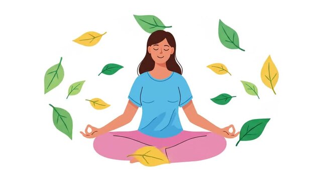 Mindful woman meditating in a serene lotus position, surrounded by floating vibrant leaves, embodying mental wellness, nature's tranquility, and a path to inner peace and stress reduction