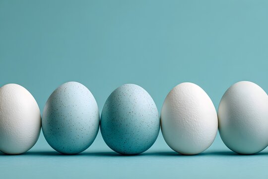 A row of five fresh eggs featuring a mix of plain white and speckled robins egg blue varieties arranged neatly on a matching soft pastel blue green background in a bright clean studio shot exuding a c