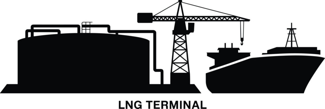 LNG terminal storage tank crane cargo ship silhouette, liquefied natural gas industrial port vector illustration