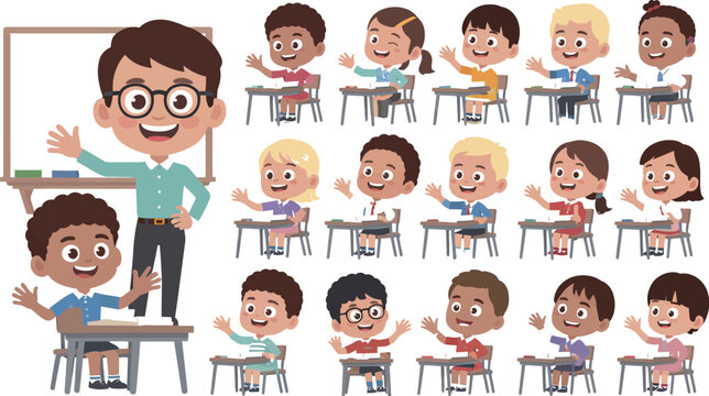 A smiling teacher stands beside a desk in a classroom with students sitting at desks.