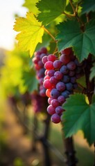 Fototapeta premium Luscious ripe grapes hanging heavy on a mature grapevine, ready for harvest Sunlight filters through the leaves, illuminating the vibrant fruit A picturesque vineyard scene , plant, botany, sunlit