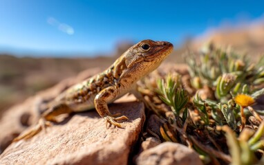 Naklejka premium Realistic Lizard Basking on Sunlit Rocks in Desert Landscape Environment