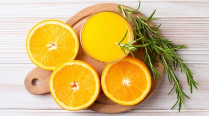 Fresh Orange Juice in Glass with Citrus Slices and Herb Sprig on Wooden Board