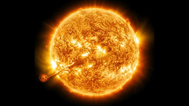 The sun emits a massive solar flare into the dark space around it.