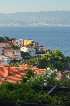 Panoramic view of the town of Vrbnik, Croatia during sunset in summer