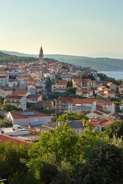 Panoramic view of the town of Vrbnik, Croatia during sunset in summer