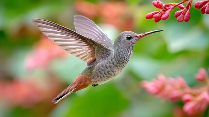 Fototapeta premium Iridescent Hummingbird in Tropical Garden Hovering Near Vibrant Flowers