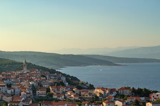 panoramic view of the town of Vrbnik, Croatia during sunset in summer