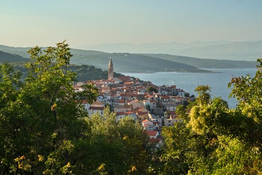 Panoramic view of the town of Vrbnik, Croatia during sunset in summer