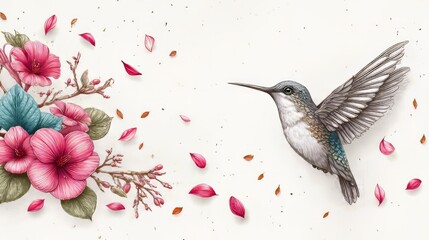 Fototapeta premium Detailed Floral Collage with Engraving of Hummingbird and Petals