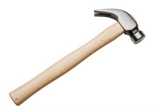 A high quality claw hammer featuring a polished steel head and a smooth natural wooden handle grip isolated on transparent background