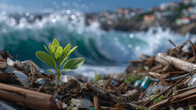 Small hopeful sprout growing from a chaotic pile of plastic waste on a coastal beach, bright sunlight illuminating the leaves while the ocean sparkles behind, textures of sand, deb