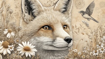 Fototapeta premium Artistic Illustration of a Red Fox in a Meadow with Floral Details