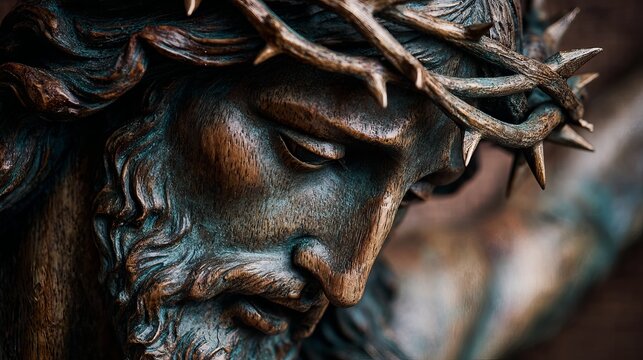 A close-up of a bronze sculpture of Jesus Christ wearing a crown of thorns