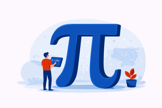 Pi Day Concept Illustration &ndash; Student Studying Mathematics Near Giant Pi Symbol, Geometry Formula on Tablet, Science Education Vector, March 14 Mathematics Celebration