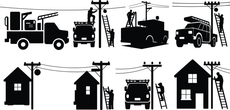 electrician, powerline, worker, utility, repair, maintenance, electricity, lineman, ladder, truck, pole, service, technician, silhouette, vector