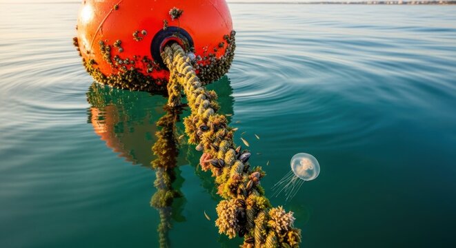 A bright orange buoy sits on the calm surface of a body of water connected to a rope covered in seaweed or barnacles