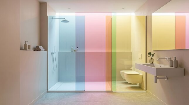Modern bathroom interior with colorful glass partitions. Stylish minimalist shower room with translucent screens. Contemporary home design element, architecture and apartment renovation.FunHaus
