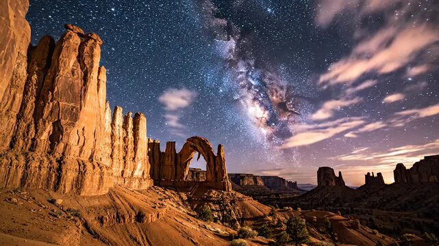 Milky Way shines over desert arch and rock formations at night