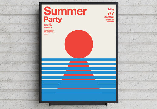 Retro Bauhaus Style Summer Party Poster Template with Ocean Sunset