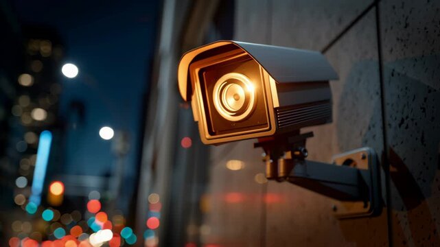 High-tech surveillance camera monitors a busy downtown street at night, reflecting city lights and moving cars. Ideal for concepts of security and urban life.
