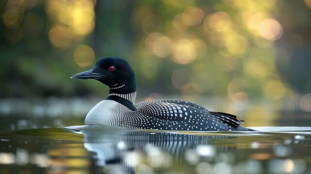 Common loon swimming on a calm lake with beautiful golden bokeh background in soft morning light 4k video