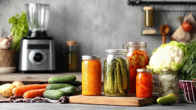 Various preserved and fresh vegetables displayed on a kitchen counter with a blender in the background