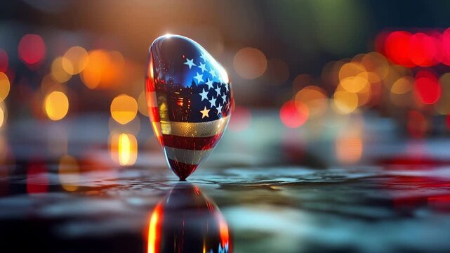 Glass heart with american flag pattern reflecting on a dark surface with blurred bokeh city lights background 4k video