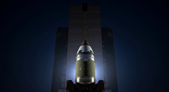 Rocket poised for launch against a backdrop of a vertical structure and a dark sky