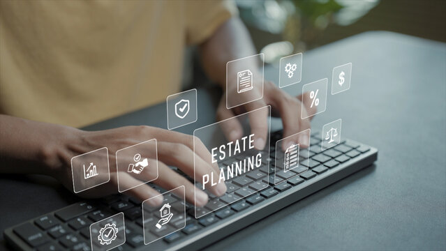 Financial estate planning strategy concept. Person typing keyboard with legal document and property icons, wealth transfer planning, inheritance management and financial security.