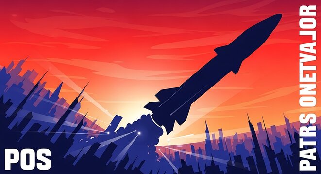 Silhouette of a rocket blasting off above city buildings against a vibrant sunset sky