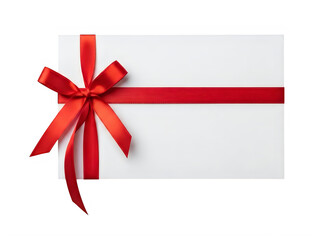 A white gift card with a red ribbon tied in a bow