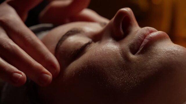 Closeup relaxing facial massage with gentle hands on peaceful woman face in warm spa setting highlighting skincare, serenity, and soothing wellness treatment