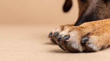 Close-up of a dog's paws resting on a beige surface with soft lighting