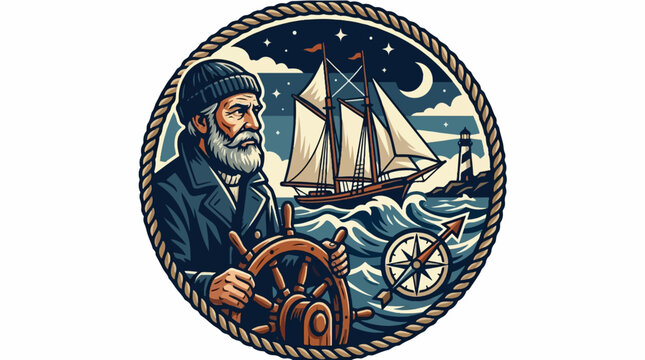 Old sea captain steering ship wheel at night with sailboat.