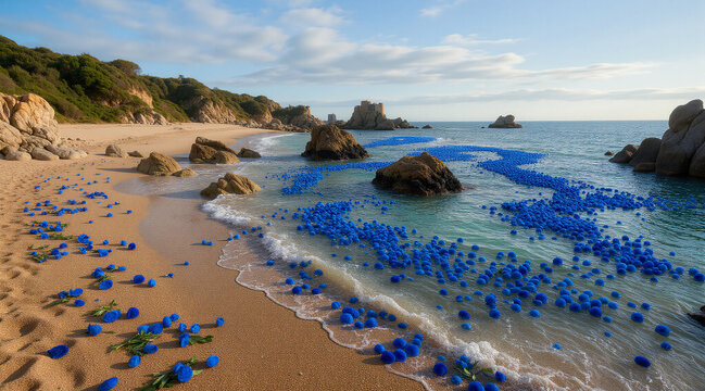 Sea of Roses &ndash; Colorful Flower Heads Floating on a Scenic Rocky Beach with Castle Ruins