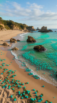 Sea of Roses &ndash; Colorful Flower Heads Floating on a Scenic Rocky Beach with Castle Ruins