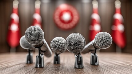 Obraz premium Multiple Microphones Positioned Closely Together at a Press Conference Setup