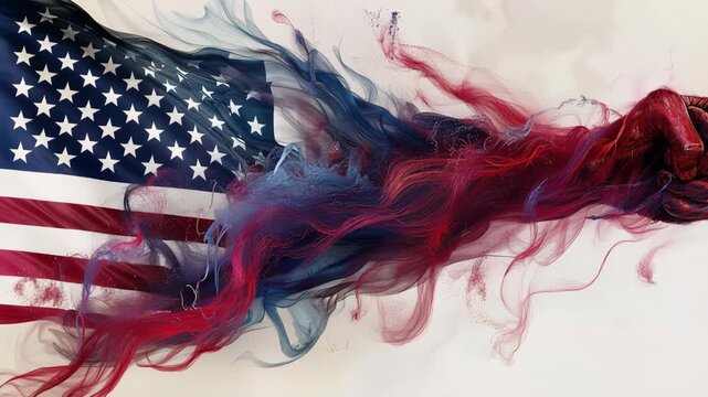 American flag transforming into a powerful fist made of red and blue smoke representing strength and unity 4k video