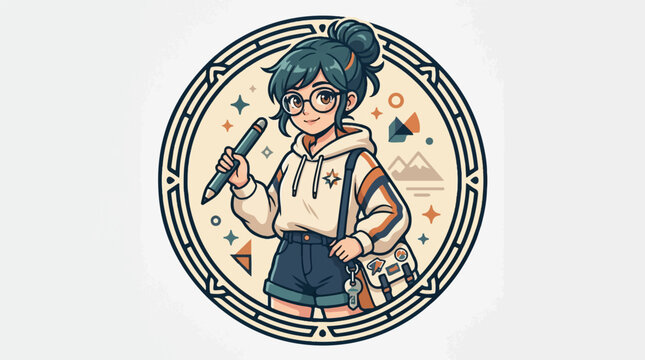 Anime girl with glasses and pen in hand ready to create.