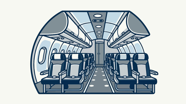 Empty airplane cabin interior with rows of seats and overhead compartments.