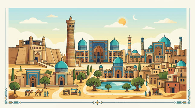 Ancient Silk Road Cityscape with Historic Islamic Architecture and Bustling Market Scene.