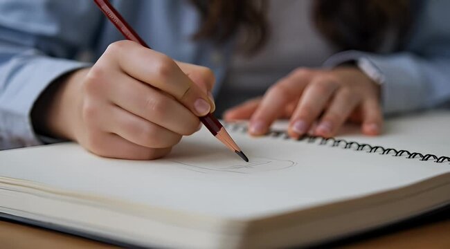 Close up of a person drawing with a pencil in a sketchbook