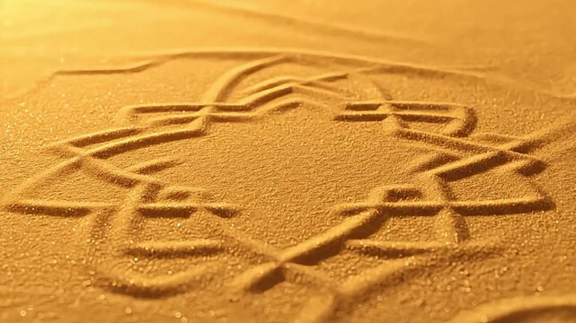 Intricate geometric pattern drawn in fine sand, creating a mesmerizing visual on a sunlit desert landscape