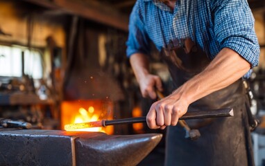 Fototapeta premium Blacksmith Working with Glowing Metal Bar while Using Tongs in Workshop