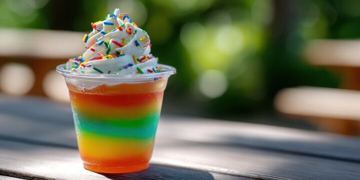 party dessert display, colorful jello in a plastic cup, topped with cream and sprinkles, set against a sunny outdoor backdrop creates a vibrant scene