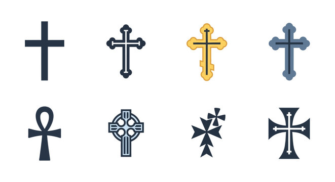 Collection of various christian crosses and an ankh displayed in a grid